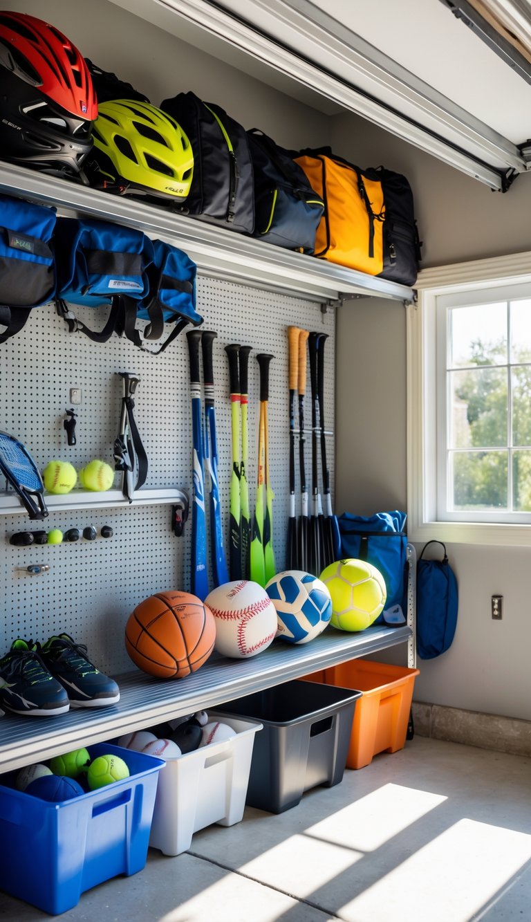 A garage with an upper shelf holding rarely used sports gear and organized summer sports equipment below.