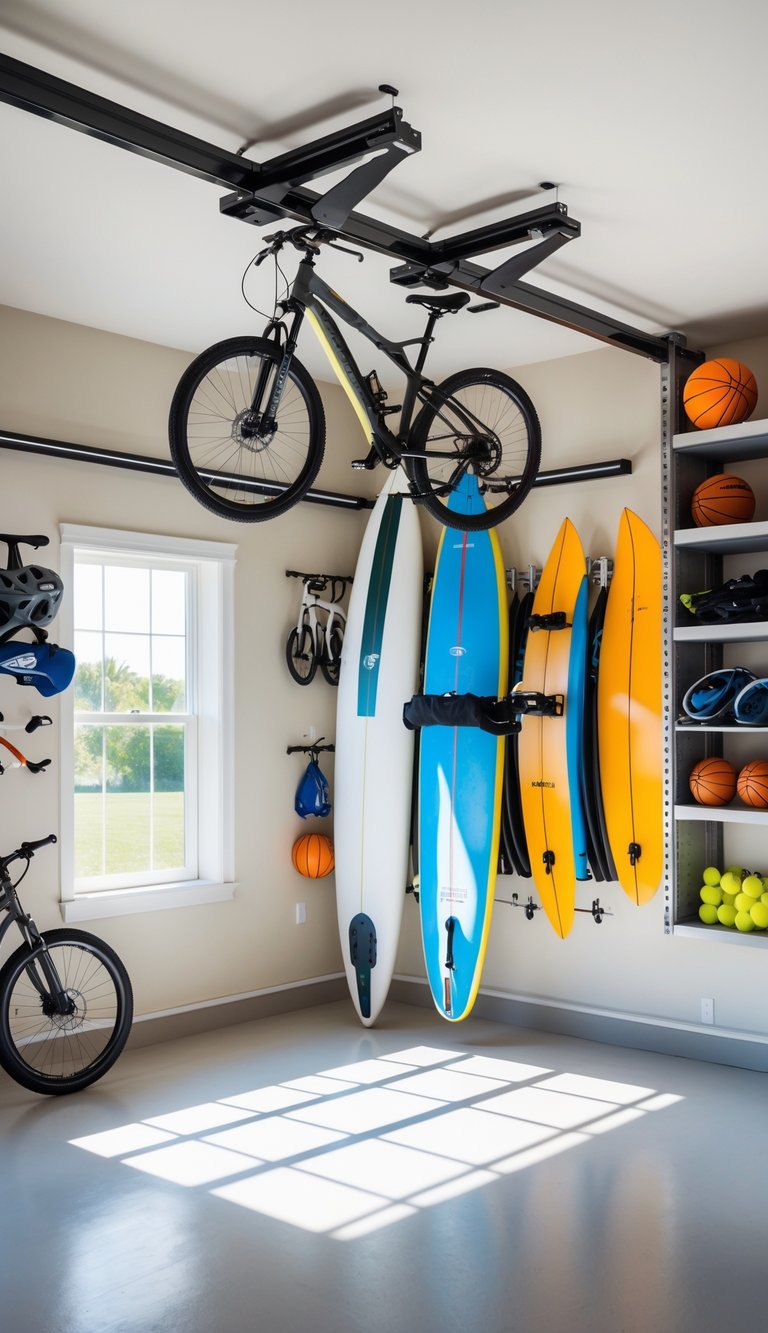 Organized garage with ceiling-mounted pulley system storing summer sports equipment like bicycles and surfboards.
