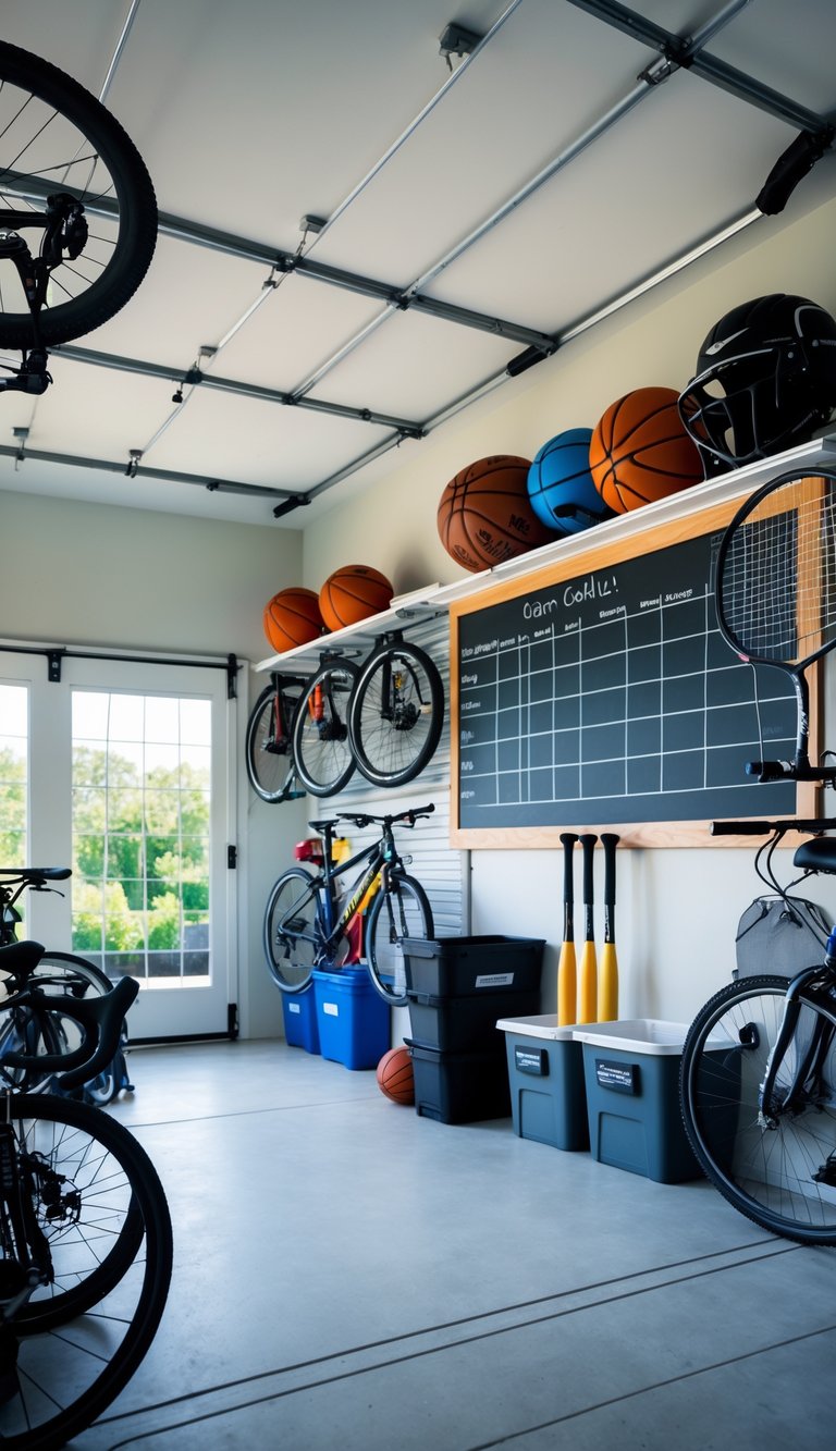 A clean and organized garage with summer sports equipment neatly stored and a blank chalkboard mounted on the wall for gear checklists.