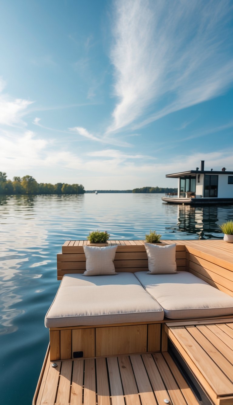 A floating wooden deck with built-in seating on a calm lake next to a houseboat under a bright sky.