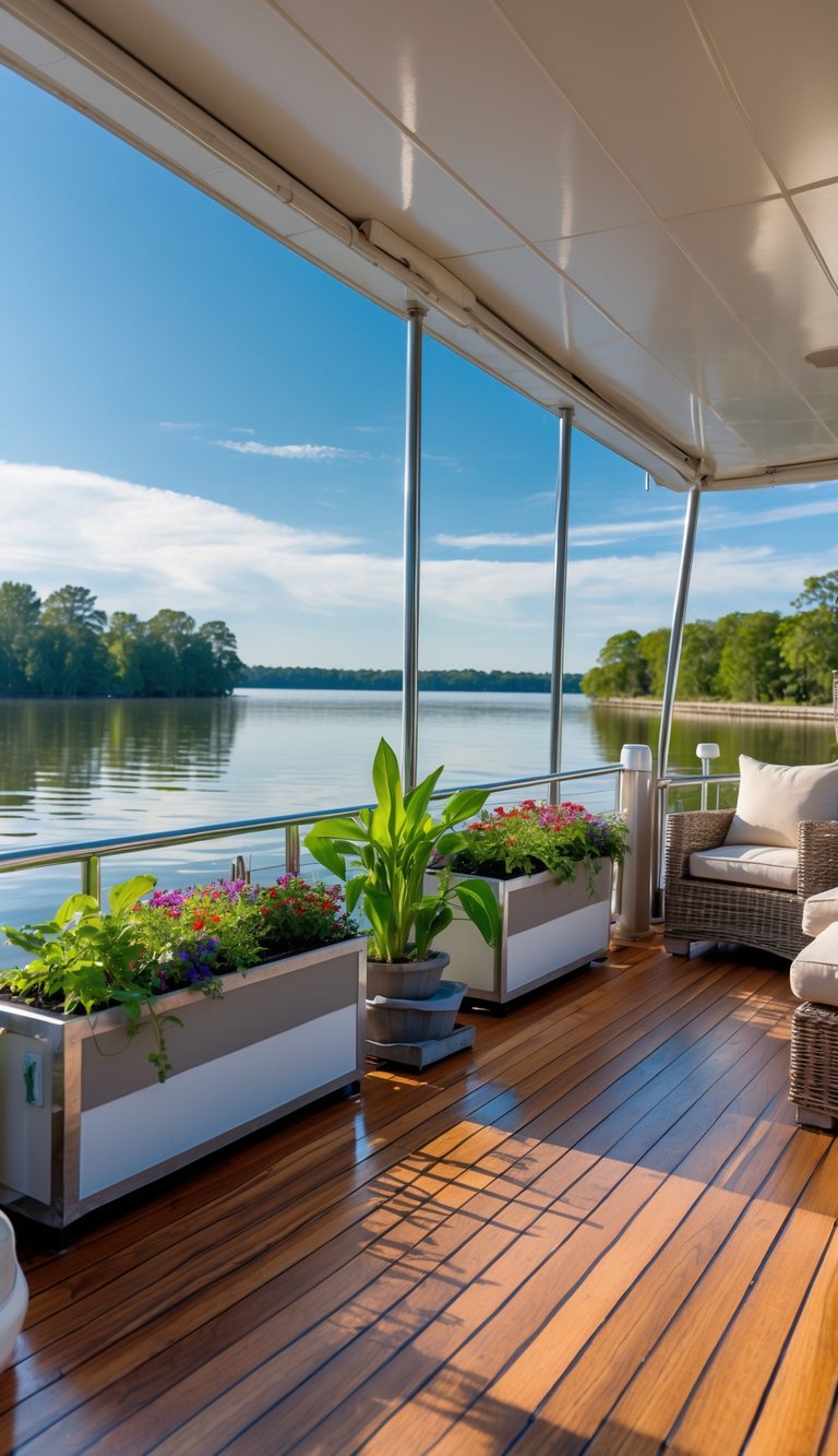 A houseboat outdoor deck with wraparound railing and planter boxes filled with plants, overlooking calm water and surrounded by nature.