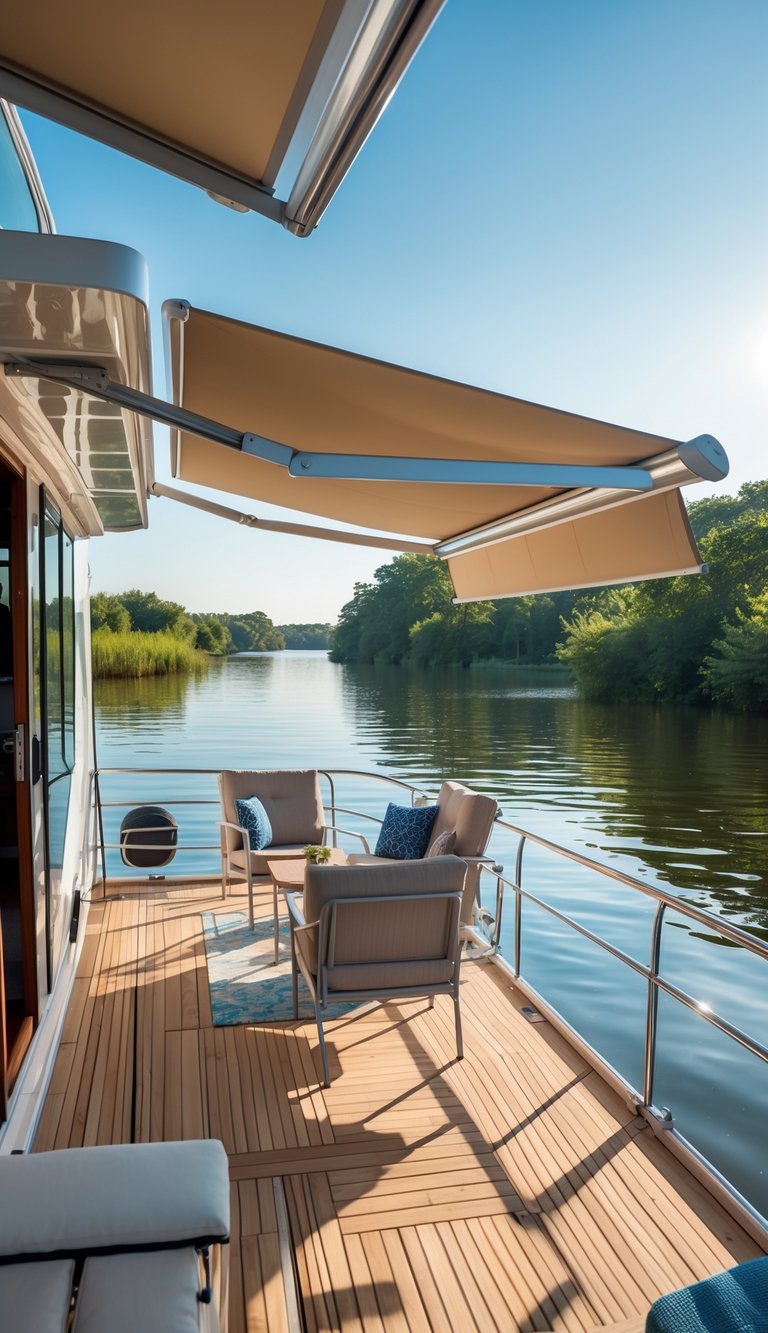 Outdoor seating area on a houseboat with a retractable awning extended for sun protection over a wooden deck on calm water.