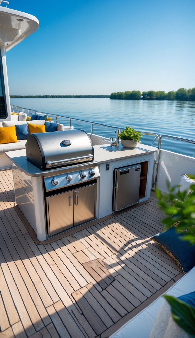 Outdoor kitchen on a houseboat deck with a grill, mini fridge, seating, and water in the background.