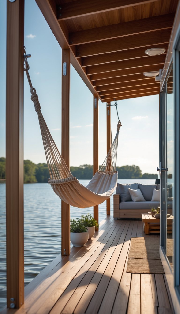 Houseboat deck with an integrated hammock stand overlooking calm water and outdoor furniture.