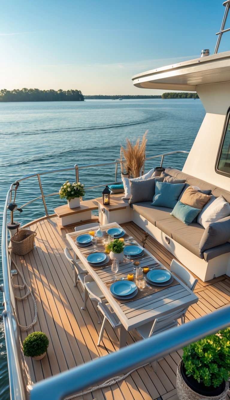A multi-level wooden deck on a houseboat with dining furniture on the lower level and cushioned seating on the upper level, overlooking calm water.