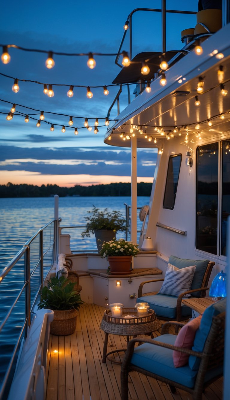 A houseboat deck at dusk with solar-powered string lights glowing over outdoor furniture and calm water.