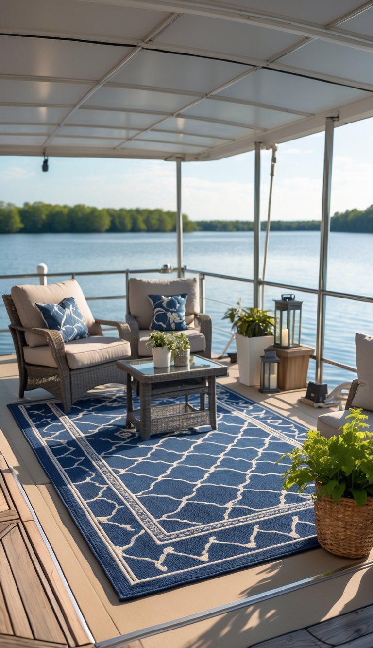 A houseboat deck with a weatherproof outdoor rug, outdoor furniture, and potted plants overlooking calm water on a sunny day.