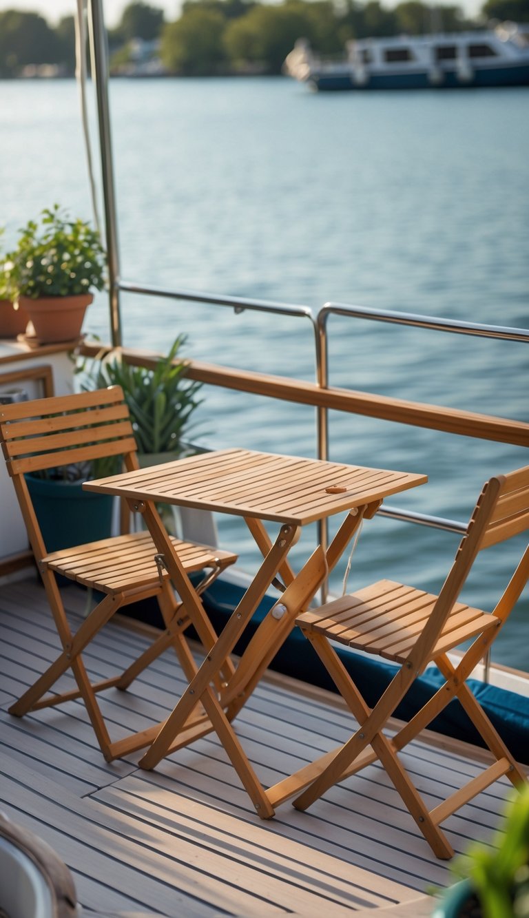 Foldable wooden bistro table with two chairs on a houseboat deck overlooking calm water.
