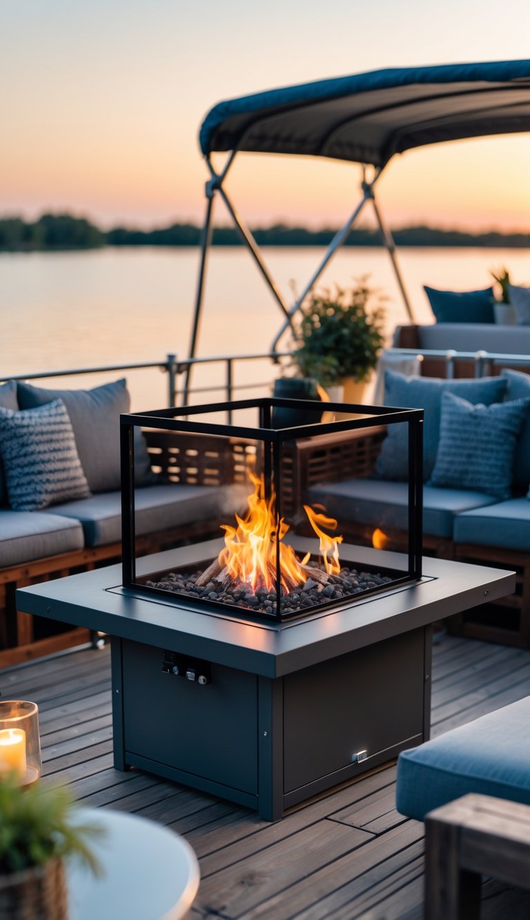 Outdoor living space on a houseboat with a fire pit surrounded by seating and a safety screen, overlooking calm water.