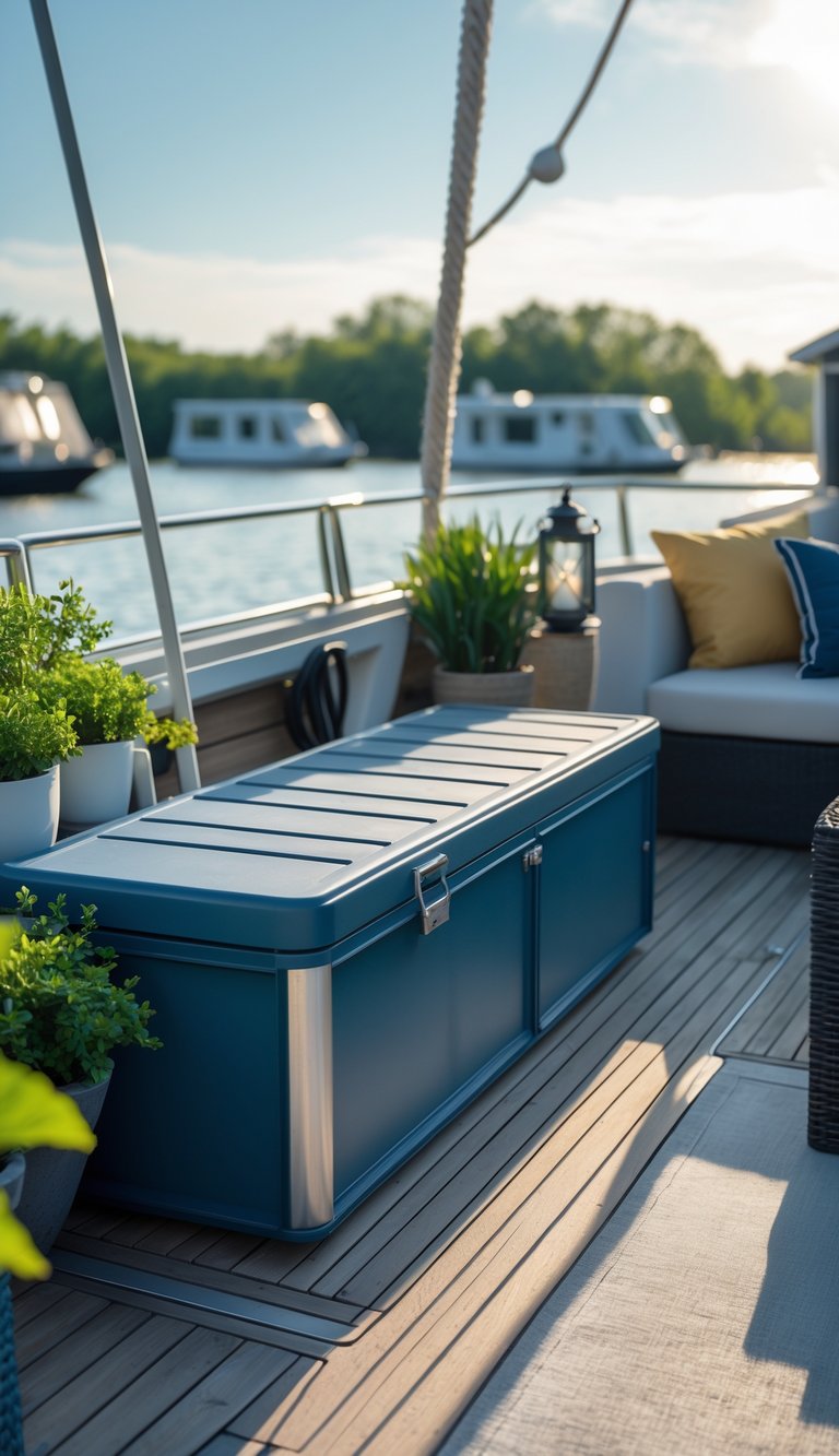 Waterproof storage bench on the deck of a houseboat surrounded by outdoor furniture and plants with water in the background.
