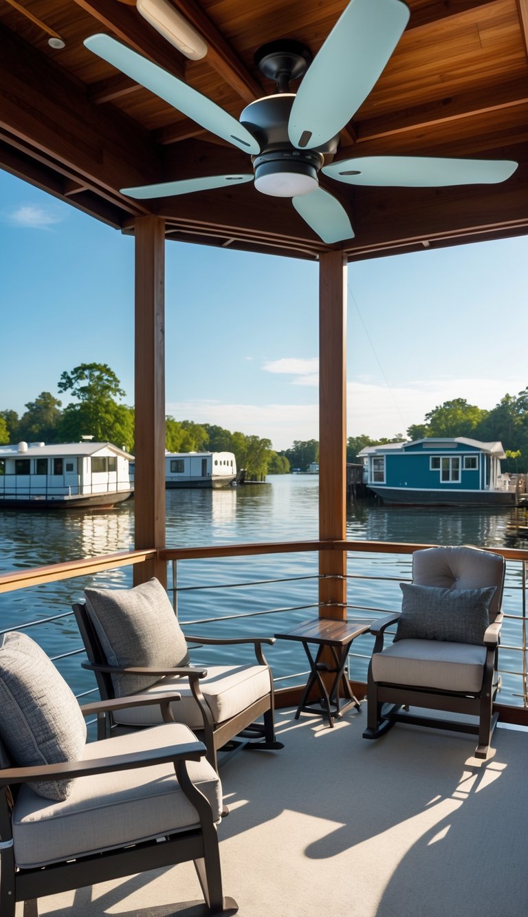 Covered porch on a houseboat with ceiling fans, outdoor seating, and a view of water and greenery.