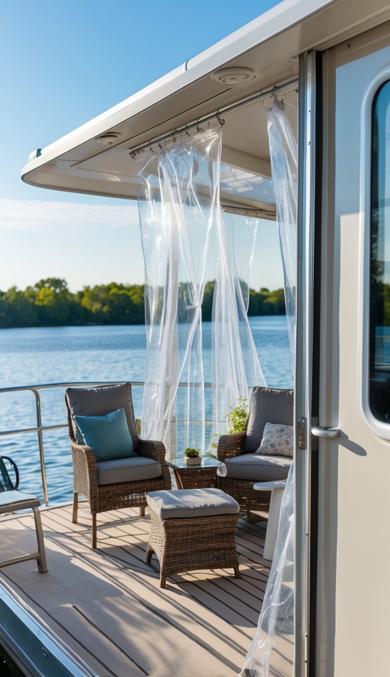 Outdoor living space on a houseboat with clear vinyl curtains around the deck and comfortable seating overlooking a calm body of water.