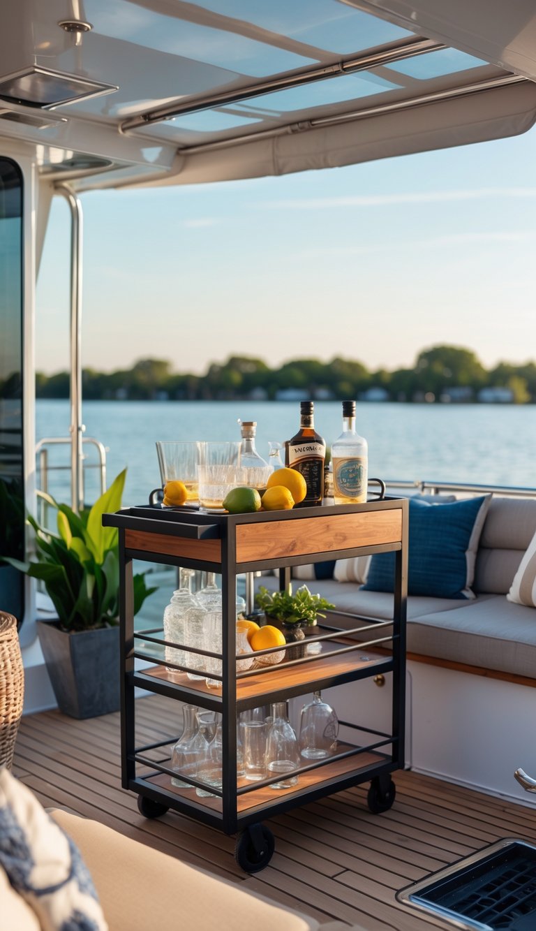 Outdoor bar cart on a houseboat deck with seating, plants, and water in the background.