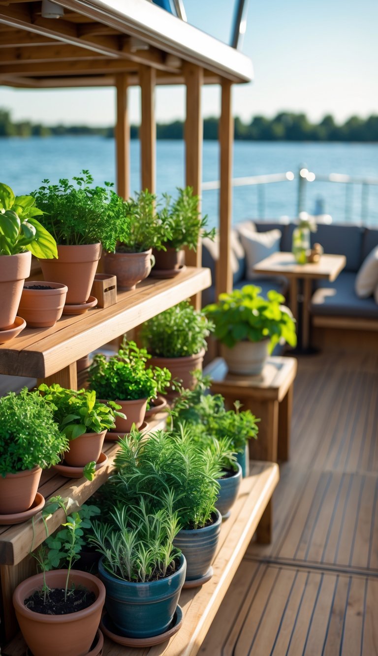 Outdoor houseboat deck with potted herb plants arranged on wooden shelves and tables, overlooking calm water.