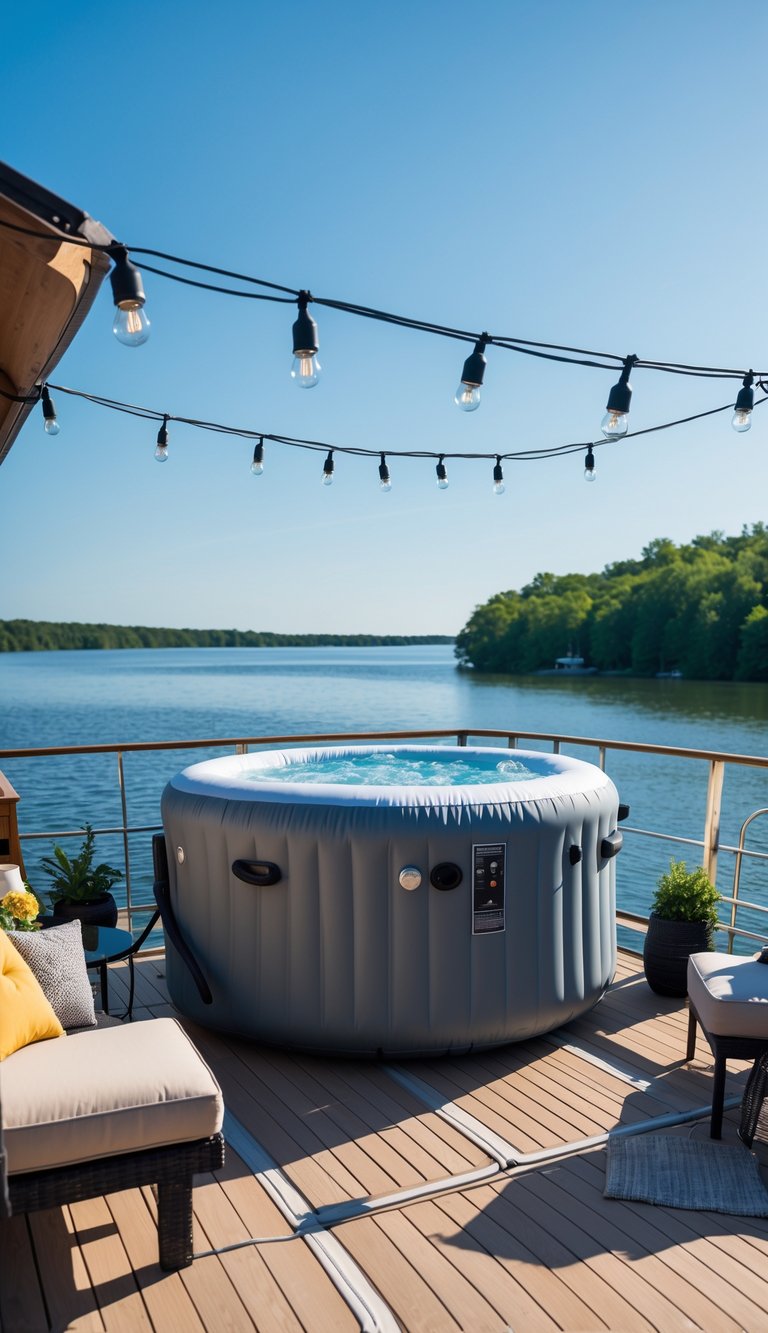 A portable inflatable hot tub on a houseboat deck with outdoor seating and a scenic water view.