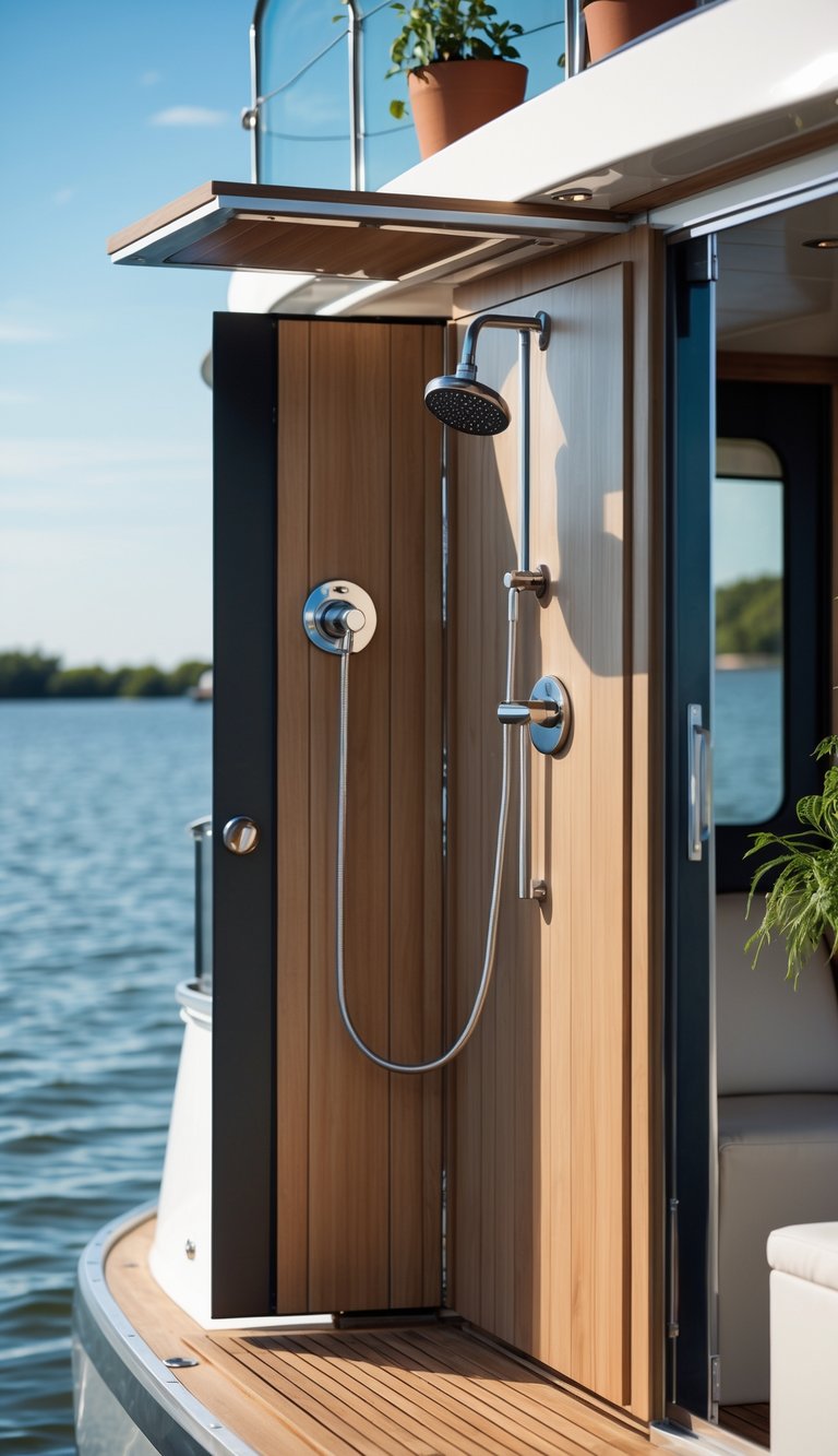 Fold-down outdoor shower mounted on the side of a houseboat with calm water and clear sky in the background.