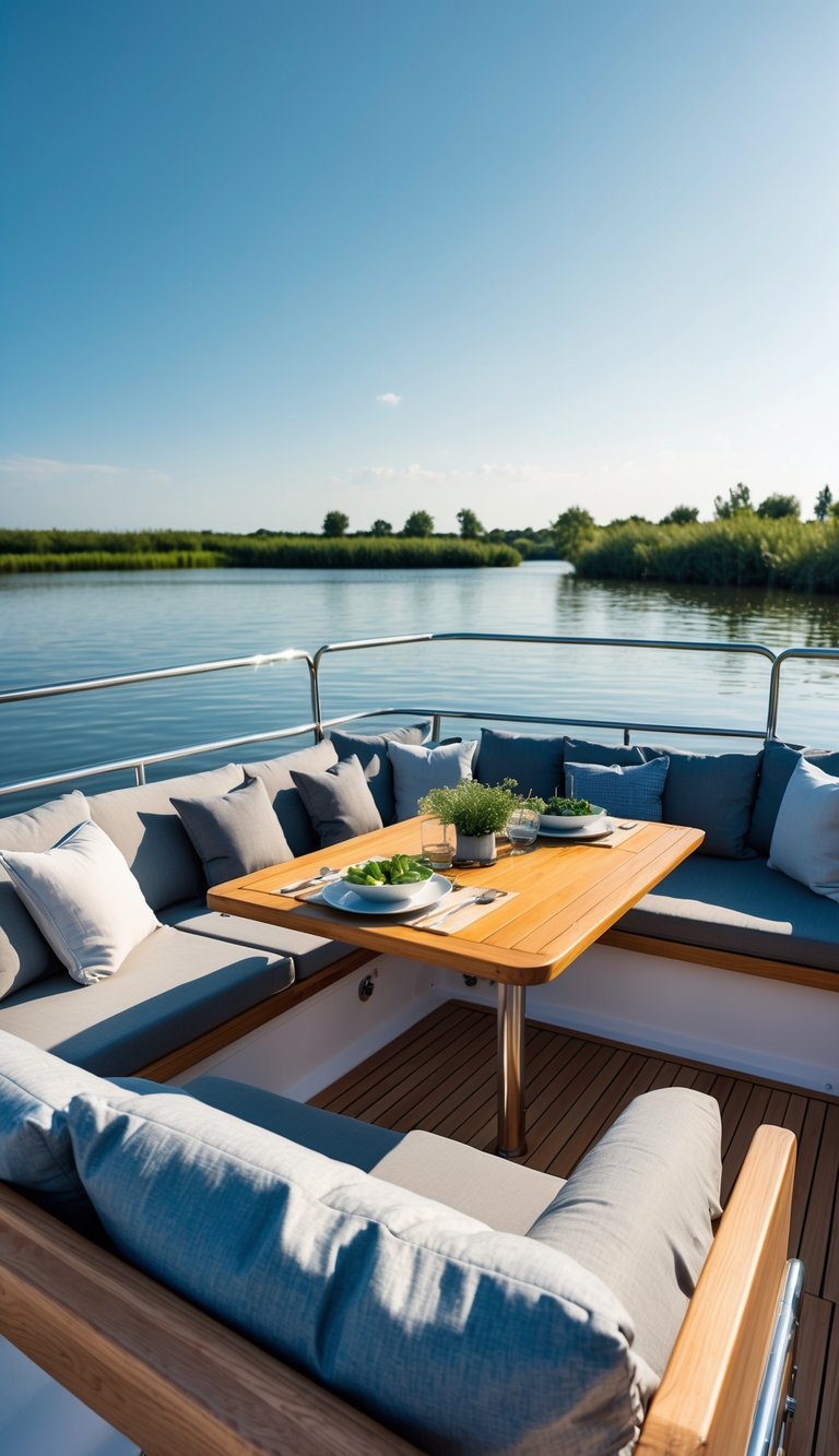 Houseboat outdoor deck with a convertible sunbed turned into a dining bench, set with cushions and a wooden table, overlooking calm water.