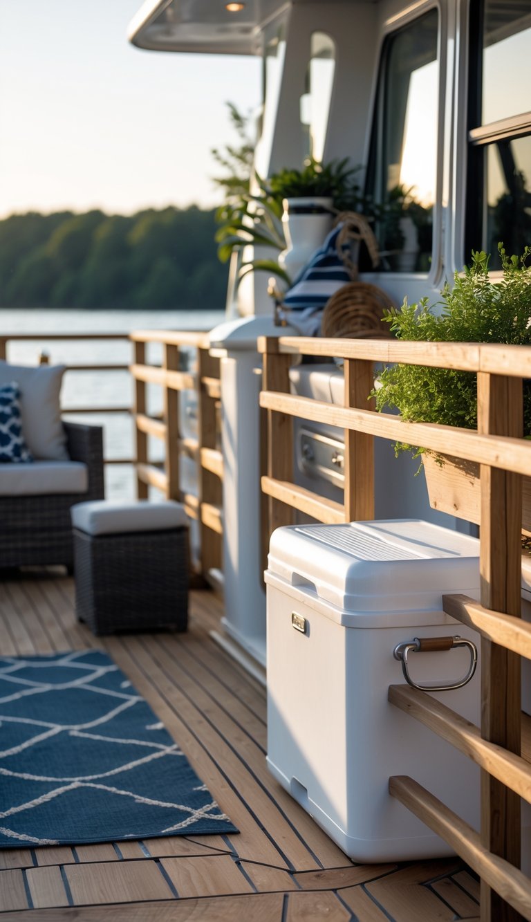 Insulated cooler built into the railing of a houseboat's outdoor living space overlooking calm water.