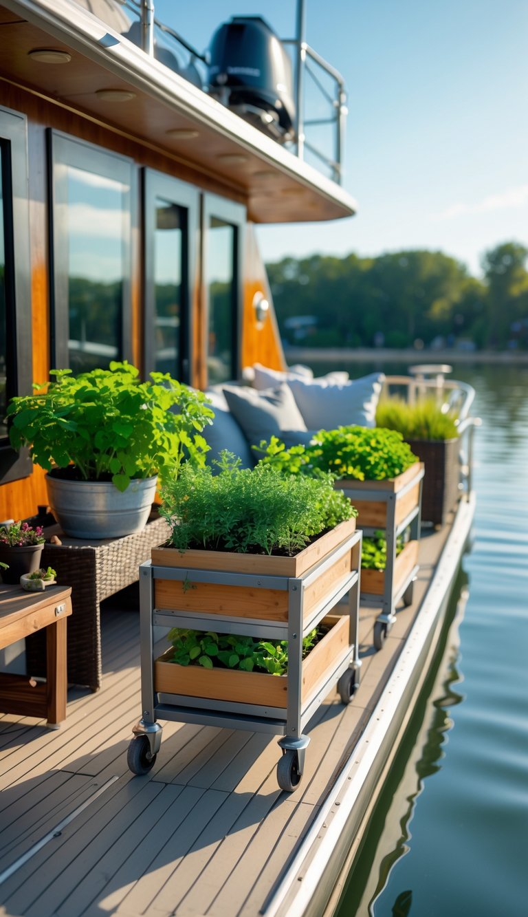 A houseboat deck with rolling herb planter carts and outdoor seating overlooking calm water.