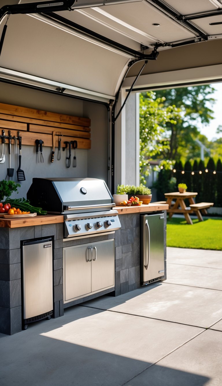 A garage grilling station with a built-in gas grill, stainless steel appliances, and cooking tools, set up for an outdoor cookout with a view of a green backyard.