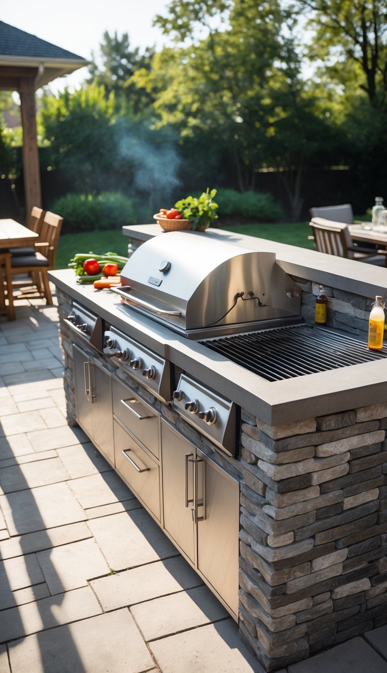 Outdoor built-in BBQ island with stainless steel grill and storage cabinets on a backyard patio surrounded by greenery.