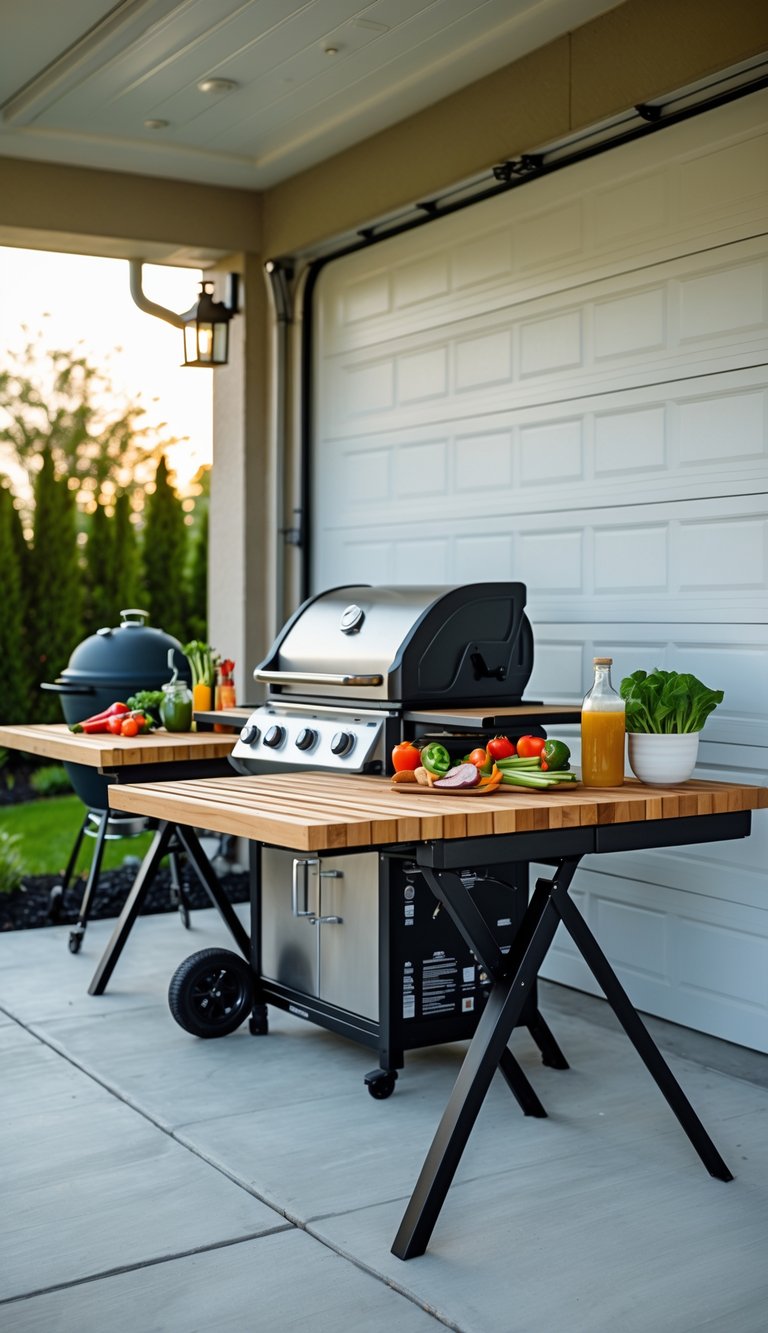 Garage BBQ station with fold-out prep tables set up with grilling ingredients and tools, next to a garage door.