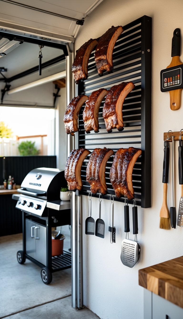 Mounted rib rack holding racks of ribs in a clean garage BBQ station with grilling tools and a barbecue grill nearby.