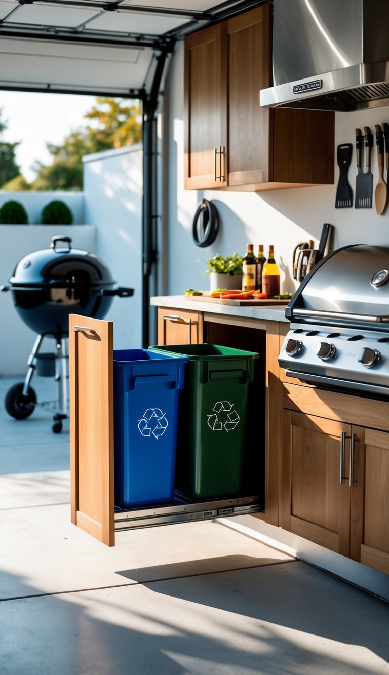 A garage BBQ station with a pull-out trash and recycling bin integrated into the cabinetry, surrounded by grilling tools and accessories.