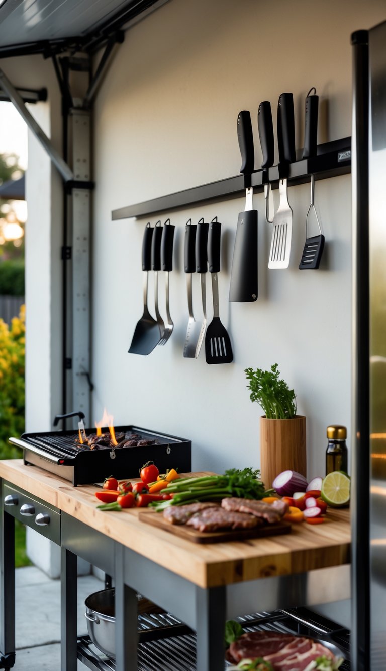 A garage BBQ station with a magnetic knife holder displaying BBQ tools, a grill, and fresh food ready for cooking.