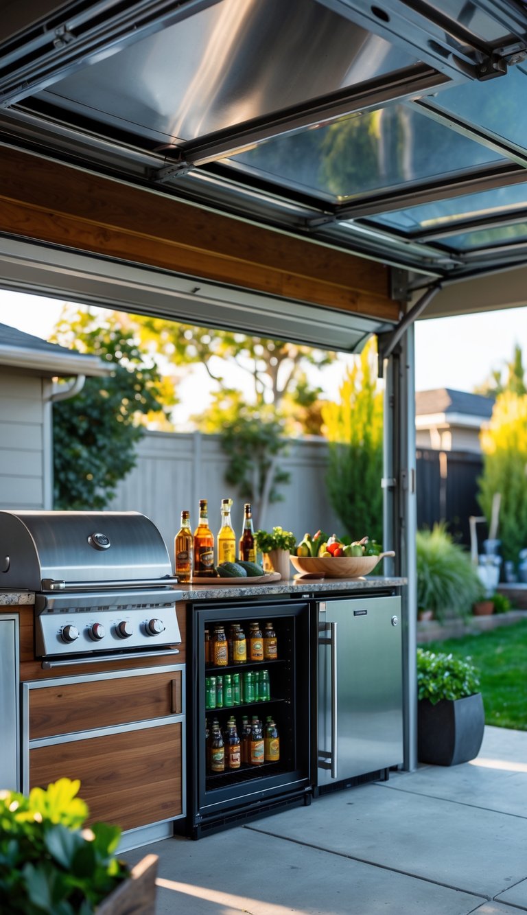 An outdoor garage BBQ station with an under-counter refrigerator, barbecue tools, and fresh ingredients in a backyard setting.