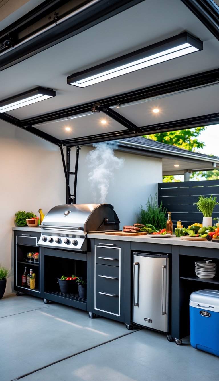 A well-lit garage BBQ station with a stainless steel grill, fresh ingredients, and cooking tools arranged neatly under bright LED lights.