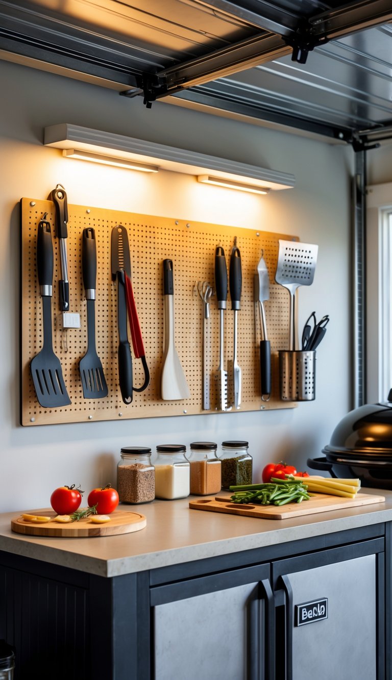 A garage BBQ station with a pegboard tool organizer holding grilling tools above a countertop with BBQ supplies.