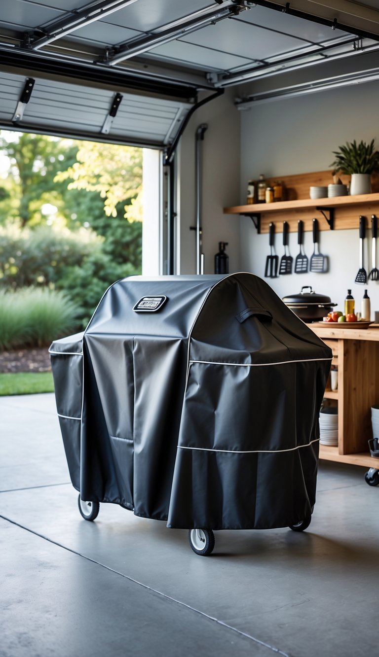 A heavy-duty grill cover on a large barbecue grill in a clean garage BBQ station with tools and accessories nearby.