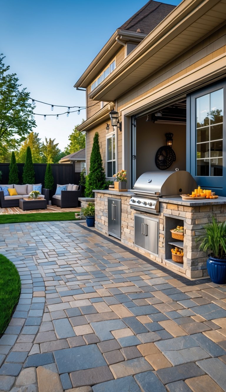 Outdoor custom paver patio extension with a garage BBQ station, seating area, and dining table set for a cookout.