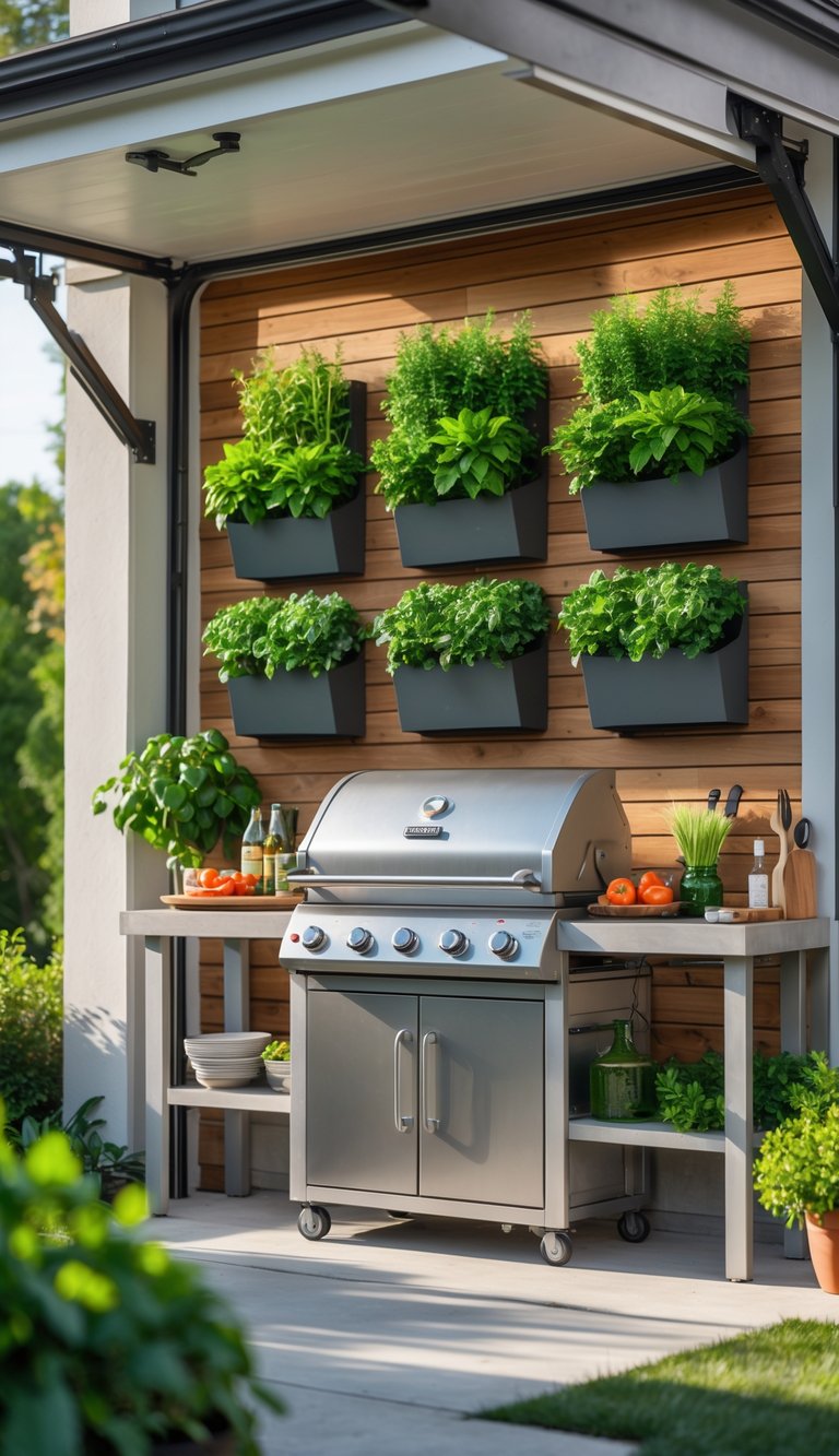 Outdoor garage BBQ station with a wall-mounted herb garden and modern grill.