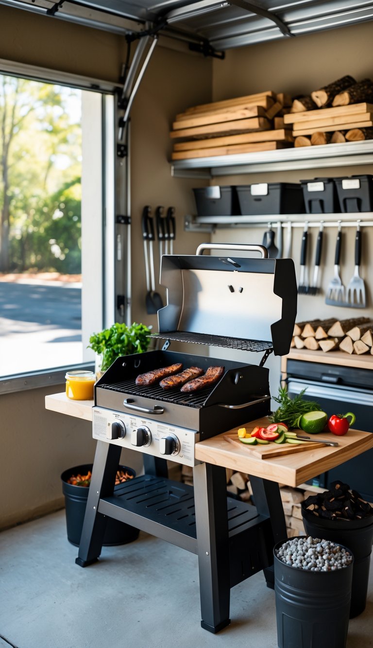 A portable charcoal grill station set up in a garage with grilling tools, food on the grill, and supplies organized on shelves.