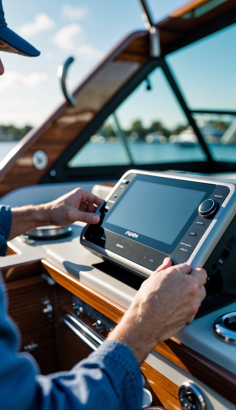 Person installing a marine stereo system on a boat dashboard with water visible in the background.