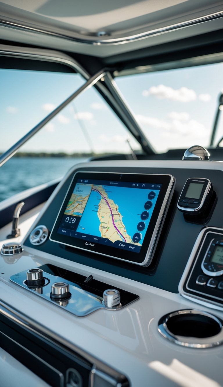 Boat cockpit with a Garmin Marine Network system showing navigation and audio controls, with the sea visible through the windshield.