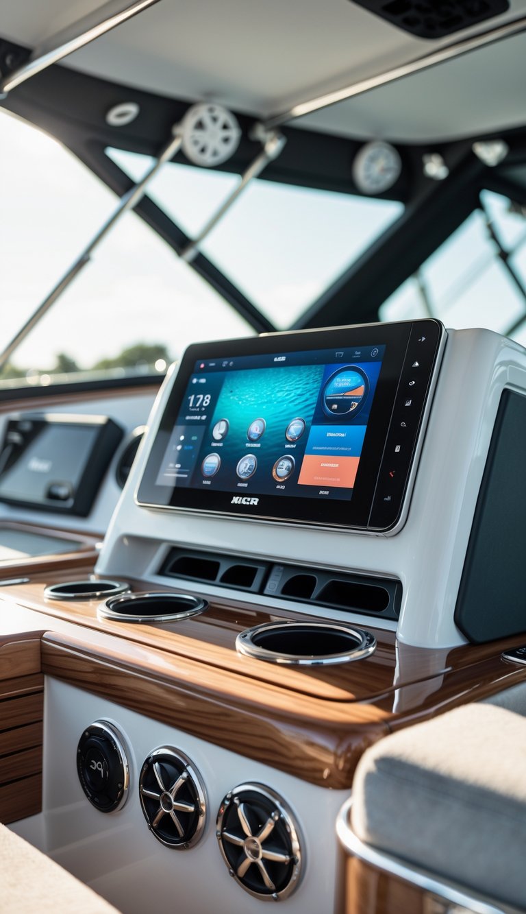 Boat interior with a mounted marine media center on the dashboard and boat seating visible.