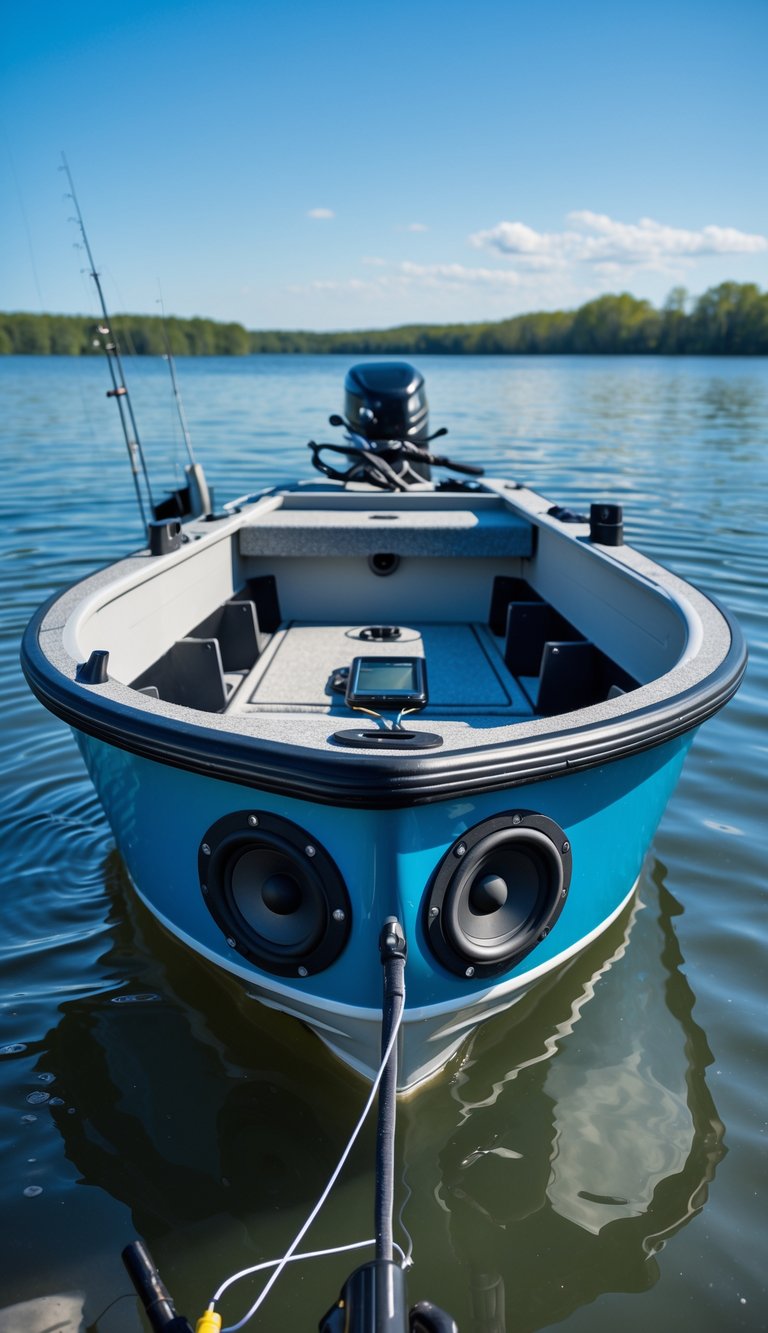 A jon boat on calm water with waterproof speaker compartments installed along the sides and a portable music player inside.