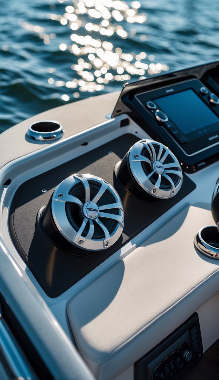 Marine boat interior with Polk Audio DB651 speakers installed near the helm and modern entertainment system features.