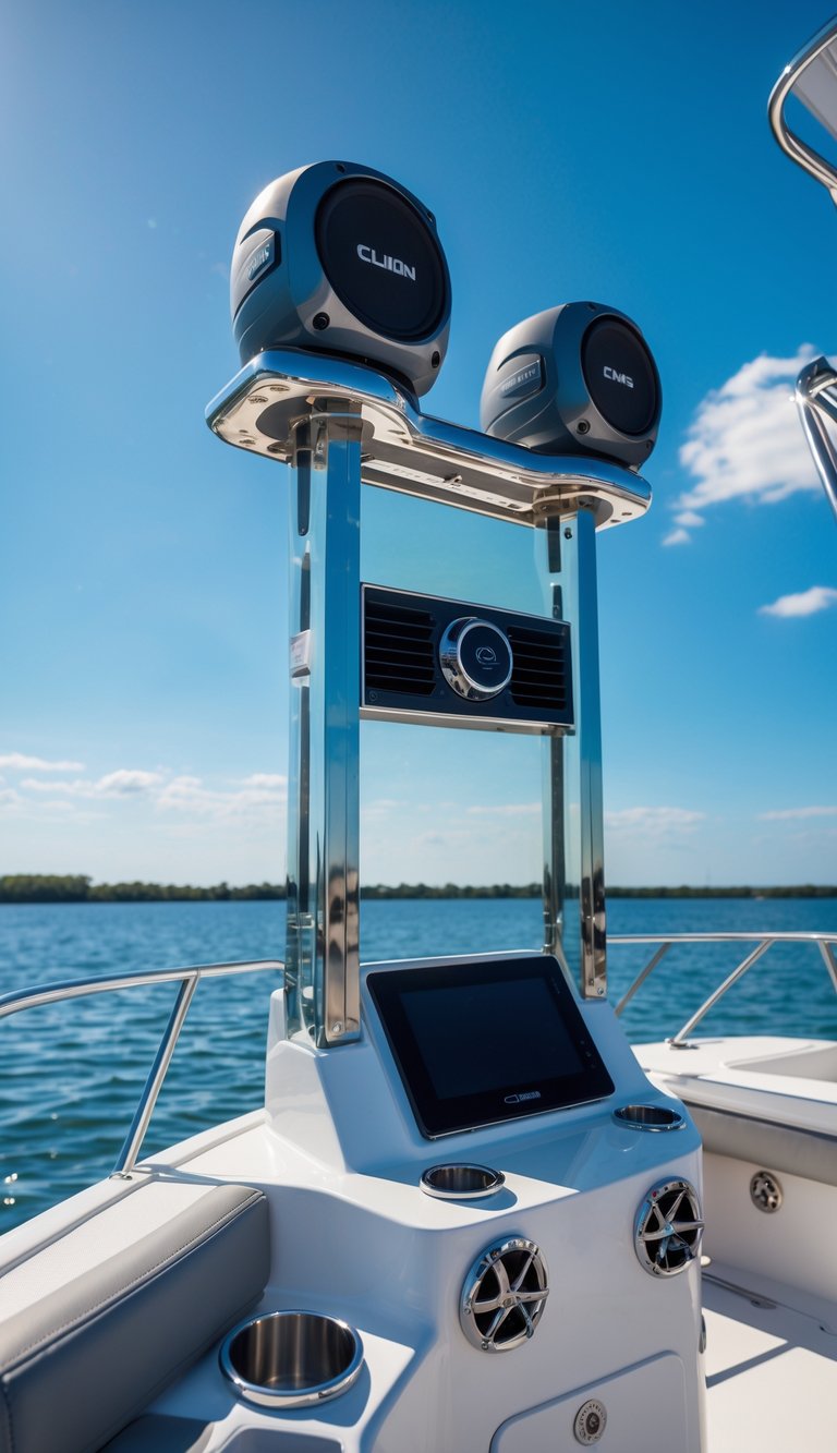 A boat with mounted marine tower speakers on a metal frame above the deck, surrounded by blue water and clear sky.