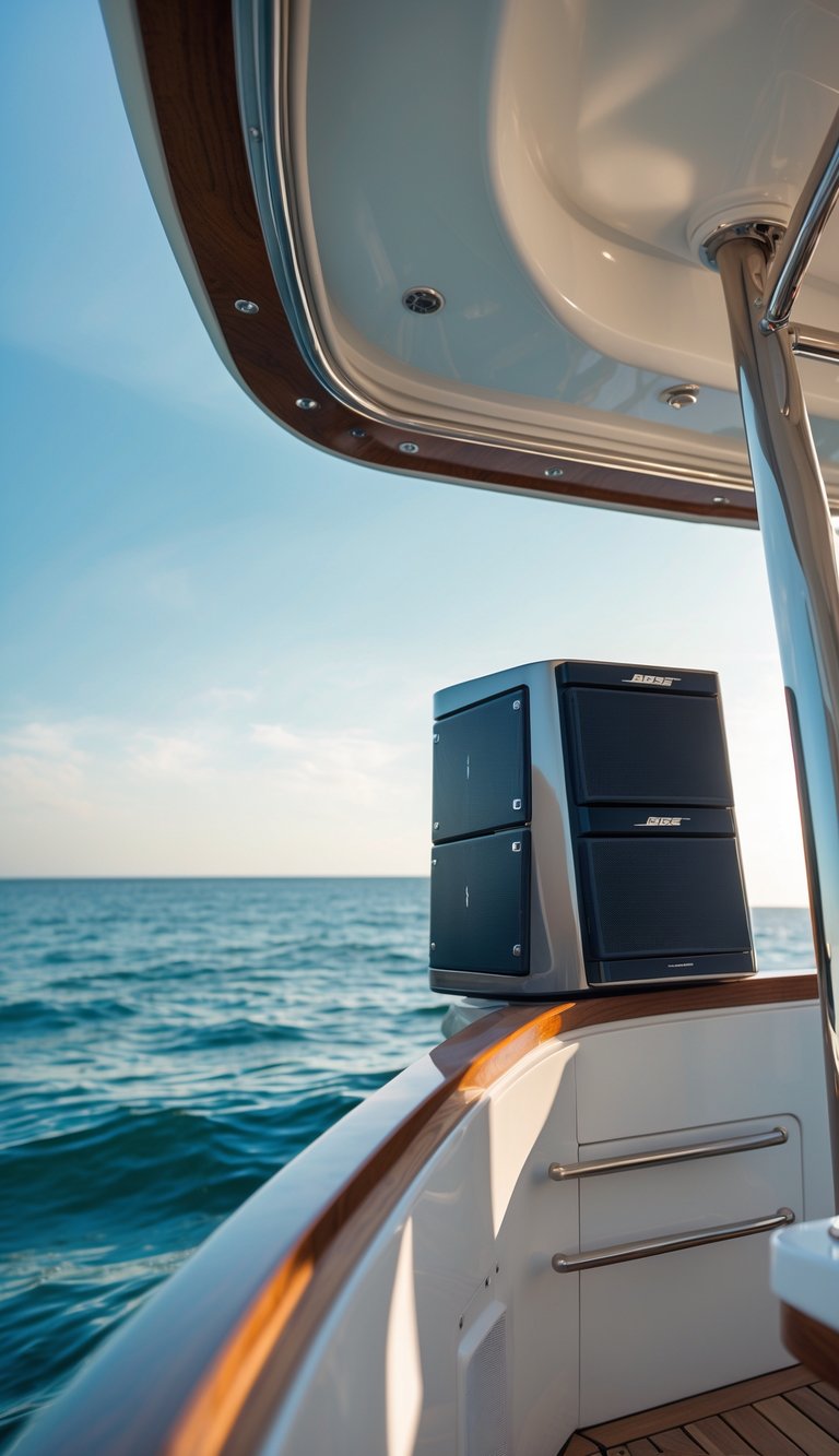 Bose 251 Marine speakers installed on a luxury boat with ocean water in the background.