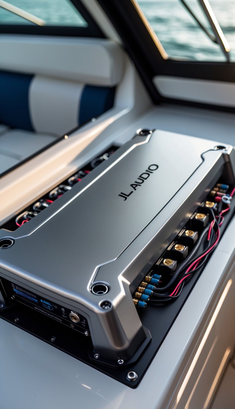 Close-up of a JL Audio amplifier installed in a boat entertainment system with wiring and boat interior visible.