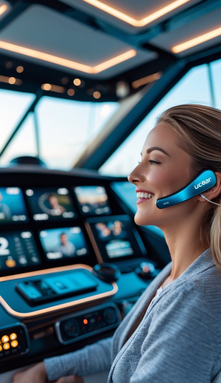 Person wearing a Bluetooth headset making a hands-free call inside a boat with an entertainment system.
