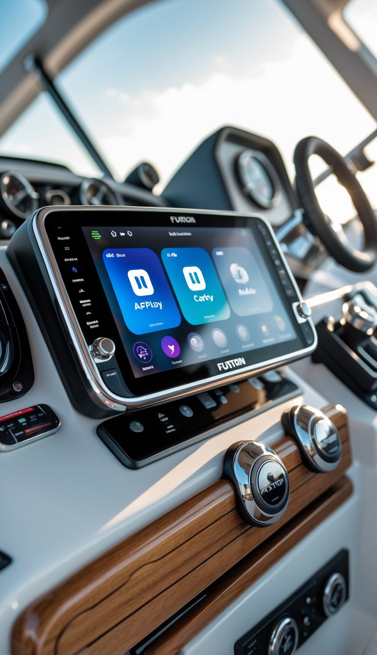 Close-up of a marine stereo system with Apple CarPlay installed on a boat dashboard surrounded by nautical controls and instruments.