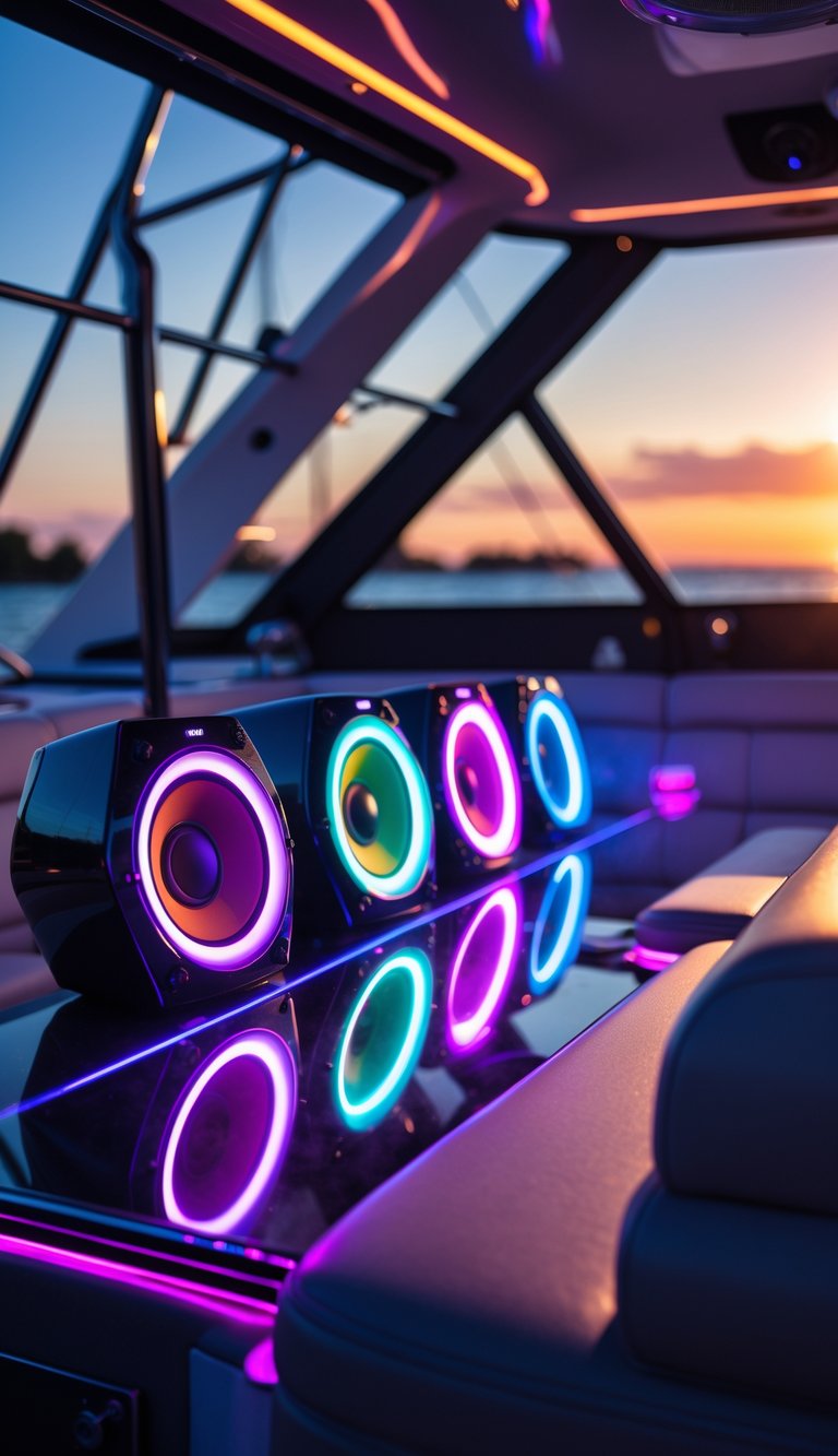 Interior of a boat with colorful LED lights around speakers creating a lively party atmosphere.
