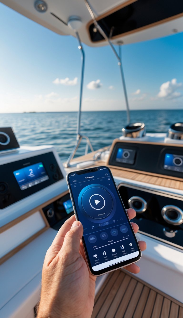 Person using a smartphone to control a boat entertainment system on a boat deck with marine audio equipment and a calm sea in the background.