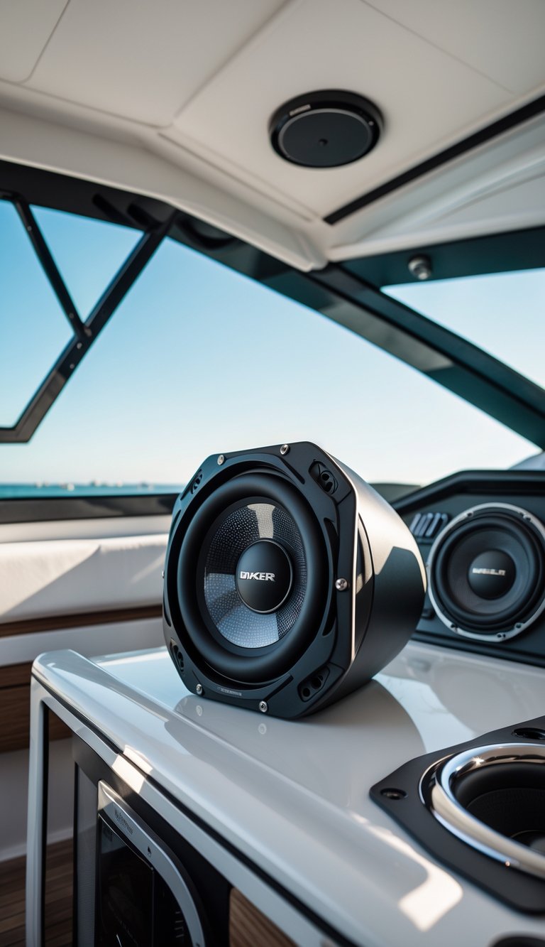 Interior of a boat showing a waterproof subwoofer installed as part of the entertainment system with a calm sea visible through the windows.