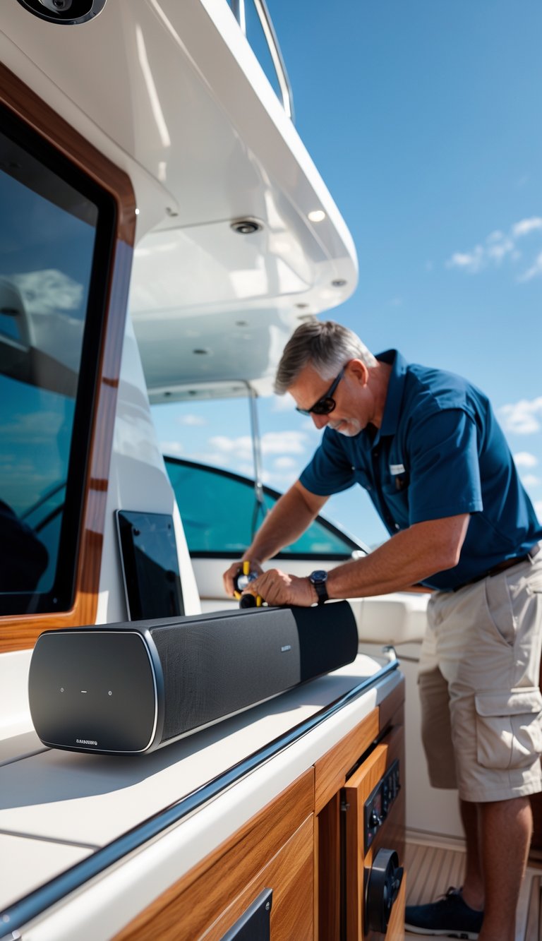A person installing a Samsung marine grade soundbar on a modern boat deck with water visible in the background.